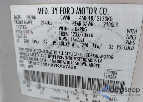 2007 Ford Escape Hybrid из США, поврежденный, VIN 1FMCU49H07KA67466